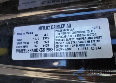 2013 Smart Fortwo Pure z USA, uszkodzony, nr VIN WMEEJ3BA0DK661968